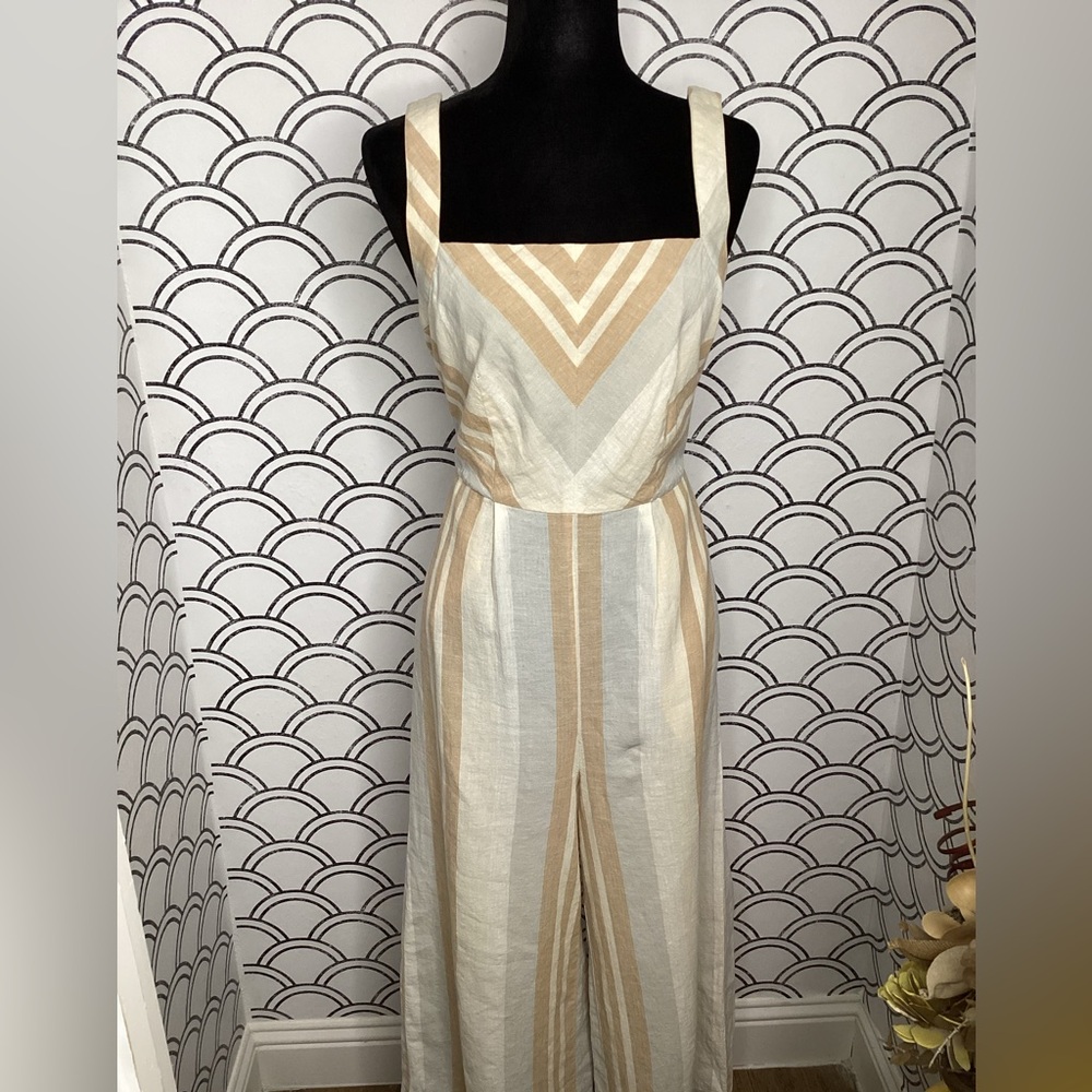 Anthropologie Cream & Tan Striped Wide-Leg Jumpsuit – Size Small